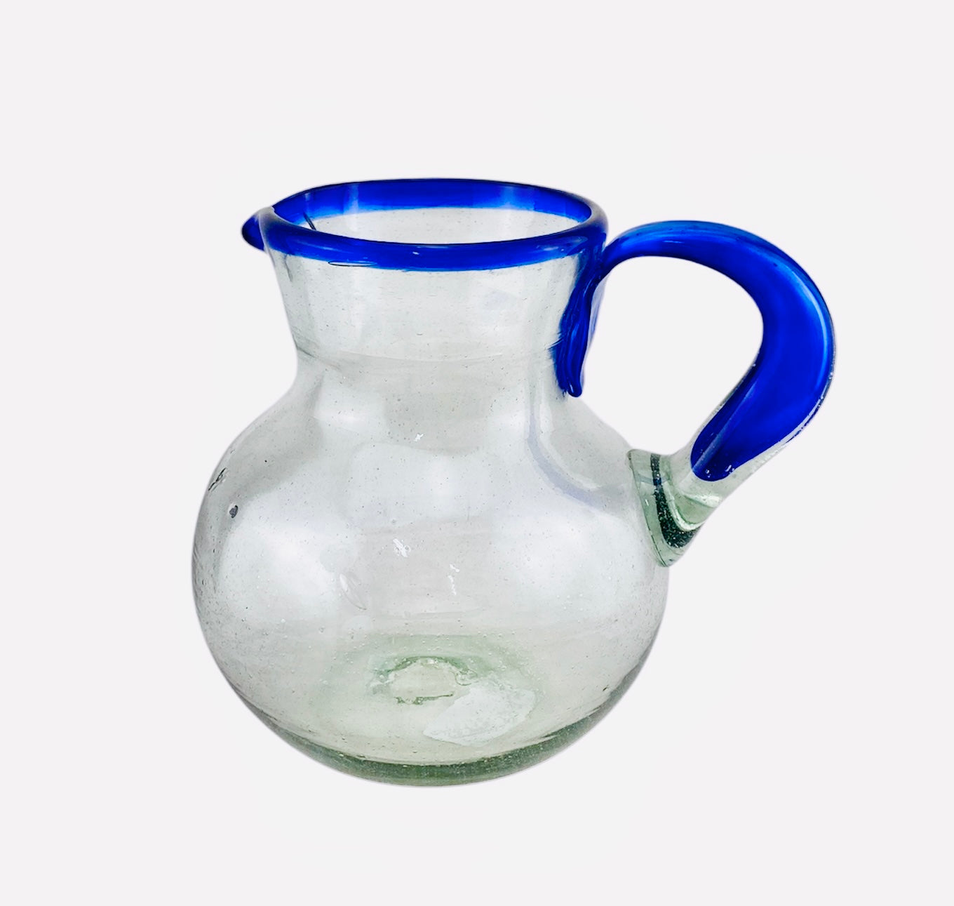 Mexican recycled glass -  Hand Blown Glass Pitcher - blue rim