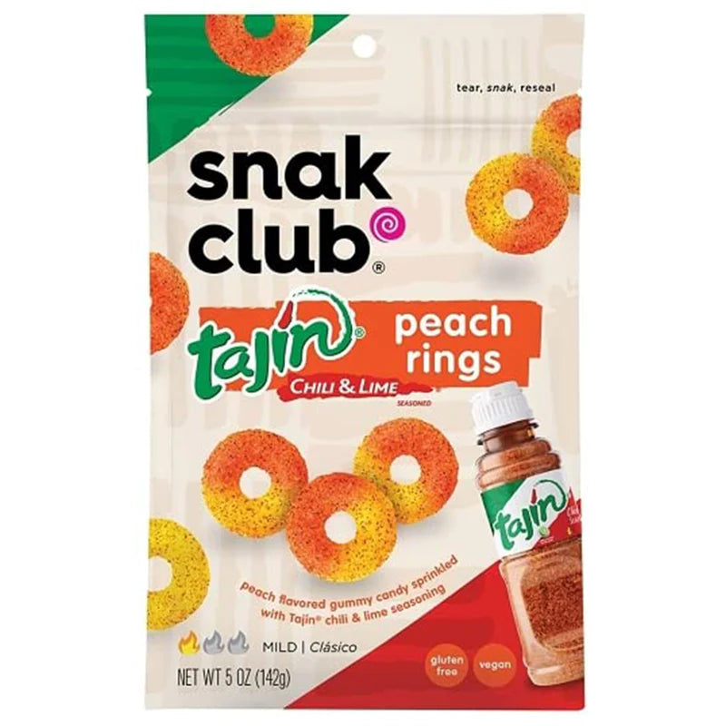 Snak Club Tajin Chili and Lime Seasoned Peach Gummy Rings 4oz (113gm)