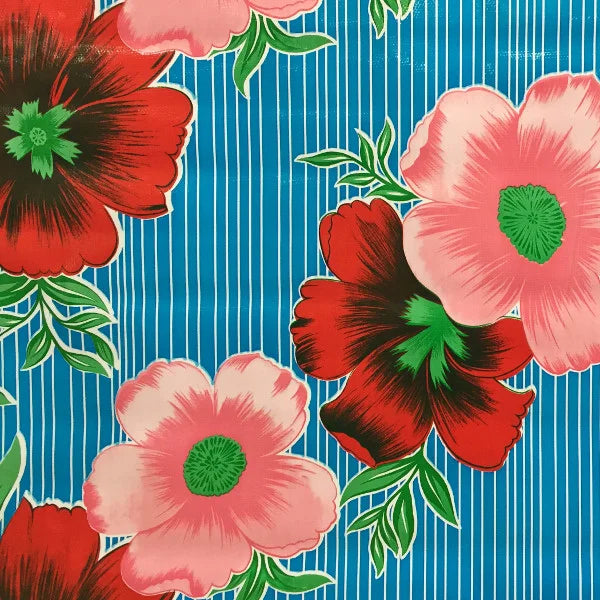 Mexican Oilcloth Table Cover - Hibiscus Flowers & Stripes Pale Blue